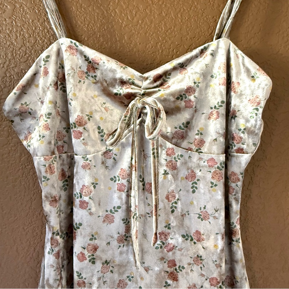 Y2K Style Floral Crushed Velvet Maxi/Midi Creamy Dress Bow Tie Babydoll Fairy L